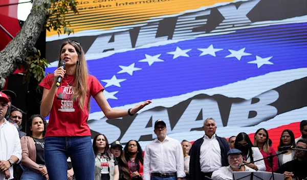 Camilla Fabri, wife of Colombian businessman Alex Saab, speaks during a demonstration demanding his release, in Caracas, Venezuela, Friday, Dec. 16, 2022. (AP)