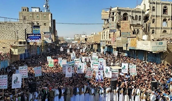 A shot of the demonstrations taking place across more than 20 Yemeni cities in solidarity with Palestine following Operation Avenging the Free, Yemen, 14 May, 2023. (Social Media)