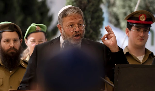 Israel's National Security Minister Itamar Ben Gvir speaks at a military cemetery ceremony during a ceremony to mark the country's Memorial Day for fallen soldiers and victims of militant attacks, in Beersheba, Israel, Tuesday, April 25, 2023. (AP)