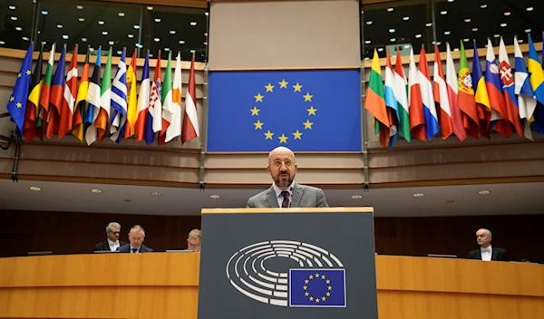 European Council President Charles Michel speaks during a ceremony for the Good Friday Agreement at a plenary session in the European Parliament in Brussels, Wednesday, March 29, 2023 (AP Photo/Virginia Mayo)