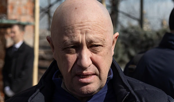 Yevgeny Prigozhin, the owner of the Wagner Group military company, arrives to pay the last respects to slain Russian military blogger Vladlen Tatarsky in Moscow, Russia, April 8, 2023 (AP)