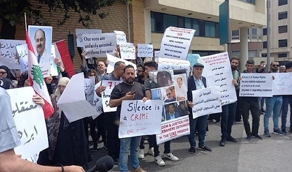 Families of Lebanese detainees in UAE prisons stage protest in front of the Lebanese Foreign Ministry on May 15, 2023. (Social Media)