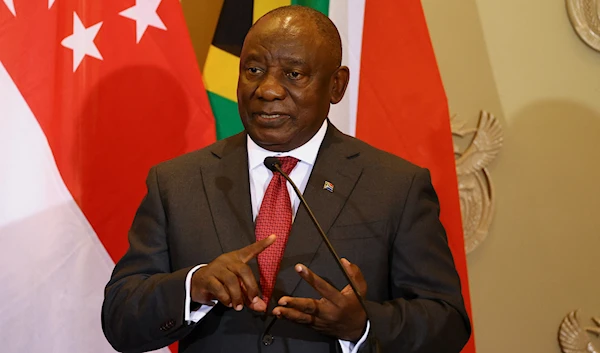 South African President Cyril Ramaphosa speaks at a joint press briefing with Singapore's Prime Minister Lee Hsien Loong, Cape Town, South Africa, 16 May 2023. (Reuters)