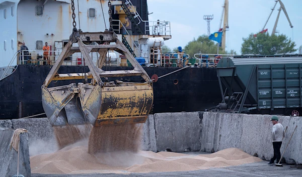 Workers load grain at a grain port in Izmail, Ukraine, on April 26, 2023. (AP)