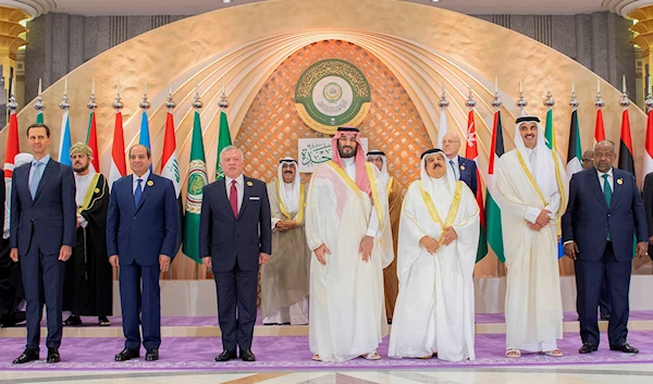 In this photo provided by the Saudi Press Agency, SPA, leaders of Arab countries pose for a group picture ahead of the Arab summit in Jeddah, Saudi Arabia, Friday, May 19, 2023. (AP)