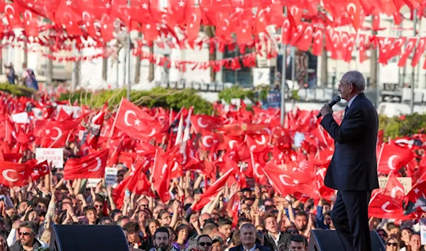 Kemal Kilicdaroglu, presidential candidate of Turkey's main opposition alliance, addresses supporters in Izmir on April 30, 2023. (Handout/Reuters)