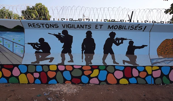 A mural is seen in Ouagadougou, Burkina Faso, Wednesday March 1, 2023 (AP Photo)