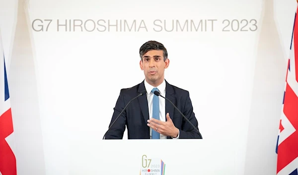 British Prime Minister Rishi Sunak speaks at a press conference at the International Conference Centre during the G7 Summit in Hiroshima, western Japan, Sunday May 21, 2023 (Stefan Rousseau/Pool Photo via AP)