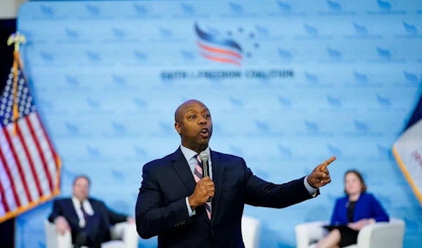 Senator Tim Scott (R-SC) speaks at the Iowa Faith & Freedom Coalition Spring Kick-off in West Des Moines, Iowa, April 22, 2023. (Reuters)