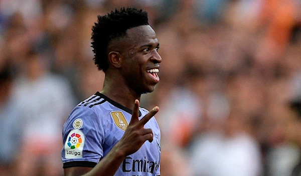 Real Madrid forward Vinicius Jr. gestures during a match between Valencia CF and Real Madrid after the being subject to racist abuse from fans at the Metsala Stadium, Valencia, Spain, May 21 2023. (Reuters)