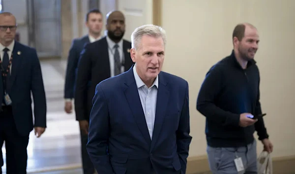 Speaker of the House Kevin McCarthy, R-Calif., talks to reporters about the debt limit negotiations as he arrives at the Capitol in Washington, Friday, May 26, 2023. (AP)