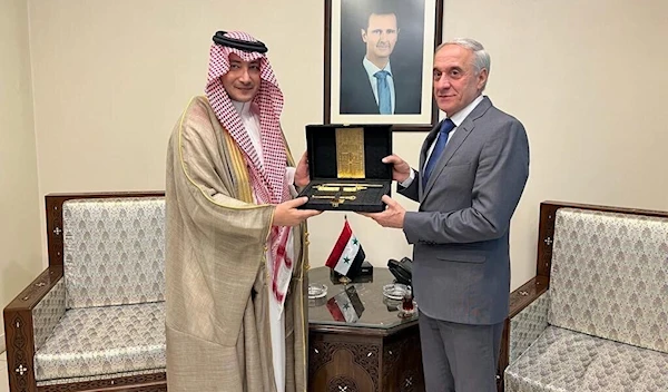 The Syrian Deputy Foreign Minister Dr. Ayman Sousan receives the Saudi technical team headed by Ghazi bin Rafi Al-Anzi in Damascus, Syria, May 27 2023. (@KSAMOFA/Twitter)