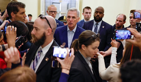 US House Speaker Kevin McCarthy with reporters at the Capitol, in Washington DC, on May 26, 2023.