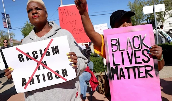 A protest in front of the Antioch police headquarters in Antioch, California on  Tuesday, April 18, 2023 (AP)