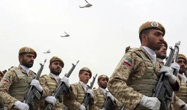 Iranian troops march during a parade marking National Army Day on April 18, 2019 (AP)