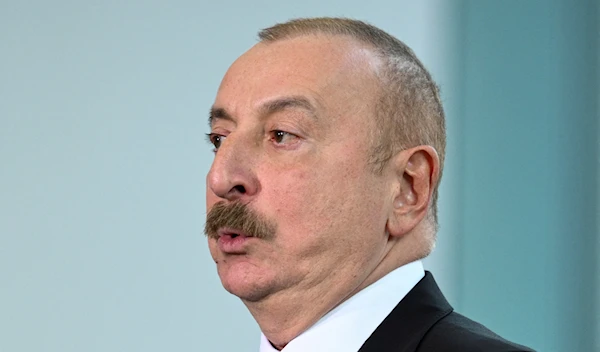 Ilham Aliyev speaks at a meeting with the German Chancellor Olaf Shcholz in Berlin, Germany, May 14 2023. (Reuters)