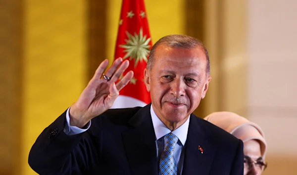 Turkish President and People's Alliance's presidential candidate Recep Tayyip Erdogan makes a speech at the presidential palace, in Ankara, Turkey, May 28, 2023 (AP)