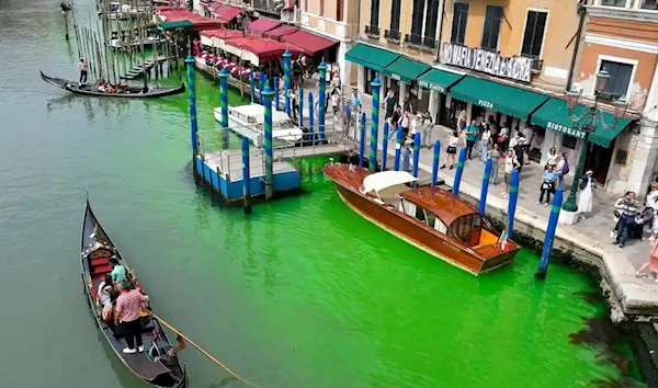 A gondola navigates the canal as the green liquid spreads. (AP)