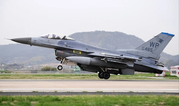 In this photo provided on Sunday, April 16, 2023 by South Korea Defense Ministry, U.S. F-16 fighter jets makes a landing at the Gwangju Air Base in South Korea, Friday, April 14 (South Korea Defense Ministry via AP)