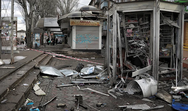 Damaged kiosks seen at a bus station in Kherson, Ukraine, Tuesday, Feb. 21, 2023. (AP)