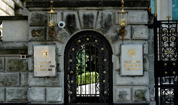 An entrance of the Russian embassy is closed in Berlin, Germany, Wednesday, May 31, 2023. (AP)