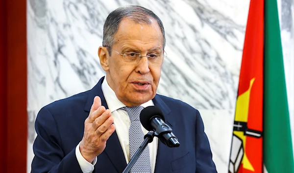 Russian Foreign Minister Sergey Lavrov gestures while speaking during a joint news conference following talks with local officials in Maputo capital city of Mozambique, on Wednesday, May 31, 2023. (Russian Foreign Ministry Press Service via AP)