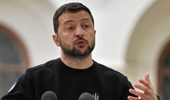 Ukrainian President Volodymyr Zelensky speaks during a press conference with President of the European Commission Ursula Von der Leyen in Kyiv on May 9, 2023 (AFP)