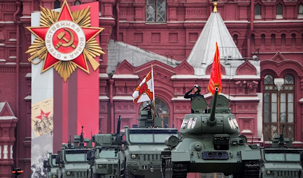 Russian military vehicles roll during the Victory Day military parade in Moscow, Russia, Monday, May 9, 2022, marking the 77th anniversary of the end of World War II (AP Photo/Alexander Zemlianichenko)