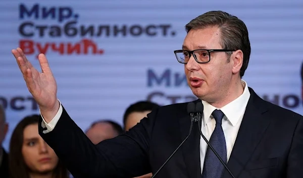 Serbian President Aleksander Vucic speaks after the results of the Serbian Presidential elections in Belgrade, Serbia, 3 April 2022. (Reuters)