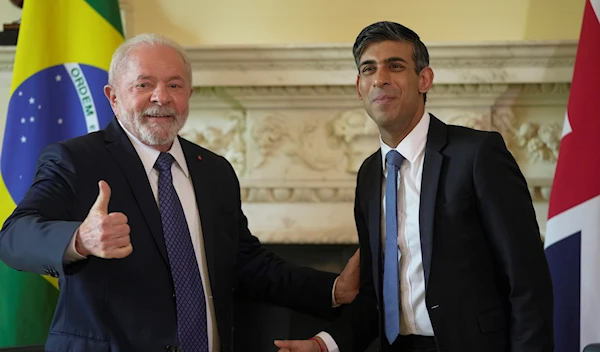 Britain's Prime Minister Rishi Sunak, greets the President of Brazil, Lula da Silva during their meeting inside 10 Downing Street London, Friday, May 5, 2023. (AP)