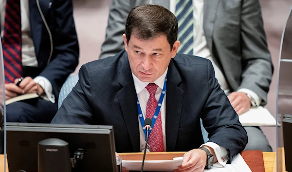 First Deputy Permanent Representative of Russia to the United Nation Dmitry Polyanskiy speaks during a meeting of the United Nations Security Council at the 76th Session of the U.N. General Assembly in New York, U.S. September 23, 2021. (AP)