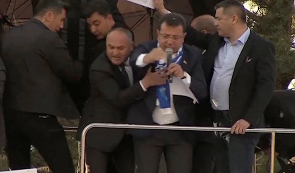 Istanbul Mayor Ekrem Imamoglu of the main opposition Republican People's Party (CHP), surrounded by his security personnel, speaks during an election rally in Erzurum, Turkey May 7, 2023. Reuters TV/Republican People's Party (CHP)