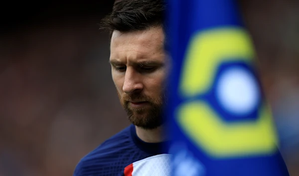 PSG's Lionel Messi reacts during the French League One soccer match between Paris Saint-Germain and Lorient, at the Parc des Princes stadium in Paris, France, April 30, 2023 (AP)