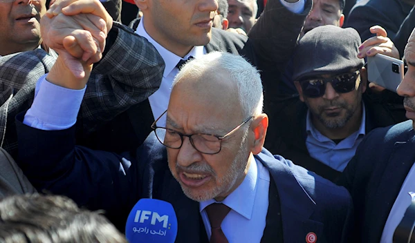 Leader of the Ennahdha party Rached Ghannouchi arrives at a police station I Tunis, Tuesday, Feb.21, 2023. (AP)