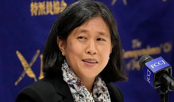 U.S. Trade Representative Katherine Tai listens to a reporter's question at a press conference at the Foreign Correspondents' Club of Japan Thursday, April 20, 2023, in Tokyo (AP Photo/Shuji Kajiyama, File)