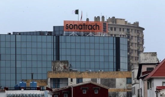 The logo of the Algerian Sonatrach group is pictured in Algiers in February 2018 (AP)