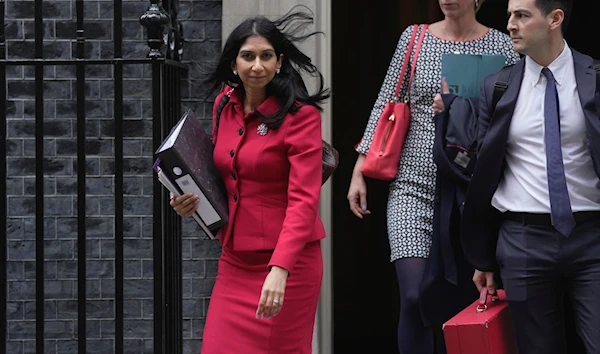 Britain's Home Secretary Suella Braverman leaves 10 Downing Street to go to the Houses of Parliament in London, Monday, May 22, 2023. (AP)