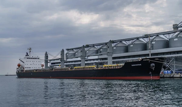 The Navi-Star sits full of grain  as it waits to sail from the Odesa Sea Port, in Odesa, Ukraine, July 29, 2022. (AP)