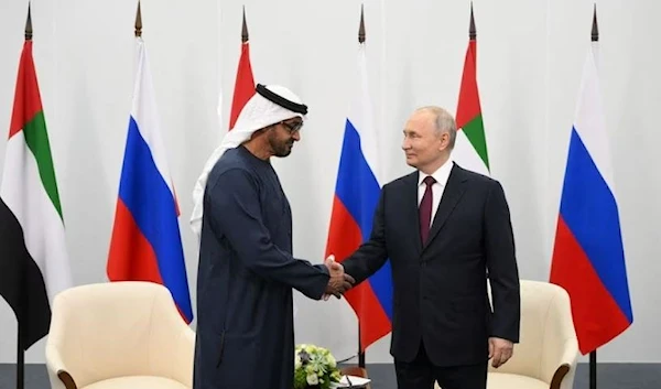 Russian President Vladimir Putin and President of the United Arab Emirates Sheikh Mohammed bin Zayed Al Nahyan shake hands during a meeting at the St. Petersburg International Economic Forum (SPIEF) in Saint Petersburg, Russia, June 16, 2023. (Sputnik)