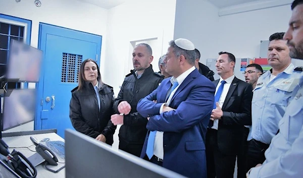 Police Minister Itamar Ben Gvir listens to the head of the occupation's Prison Service Katy Perry, Nafha prison, occupied Palestine, January 6 2023. (Israel Prison Service)