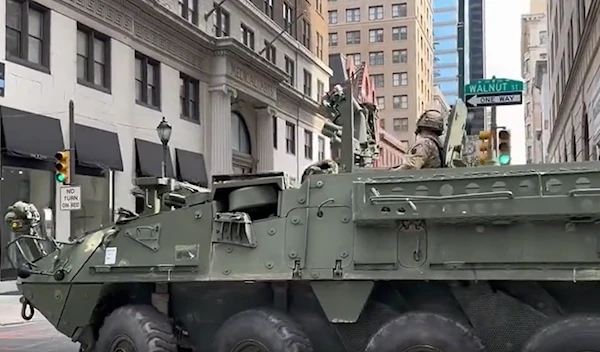 Screenshot from a video showing US military deployed on the streets of downtown Philadelphia, Pennsylvania, USA, on June 17, 2023. (Twitter)