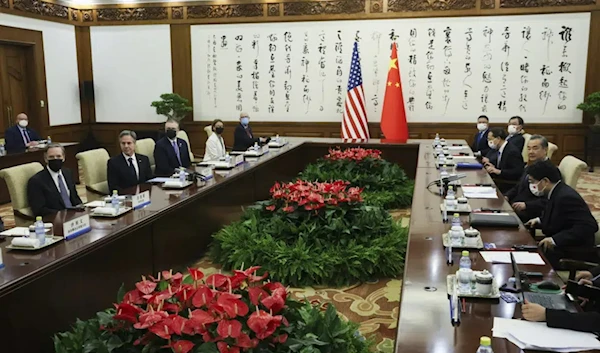 U.S. Secretary of State Antony Blinken, second left, meets with China's top diplomat Wang Yi, second right, at the Diaoyutai State Guesthouse in Beijing, China, Monday, June 19, 2023. (AP)