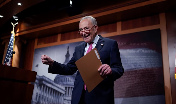 Senate Majority Leader Chuck Schumer speaks to reporters at the Capitol in Washington, June 1, 2023 (AP)