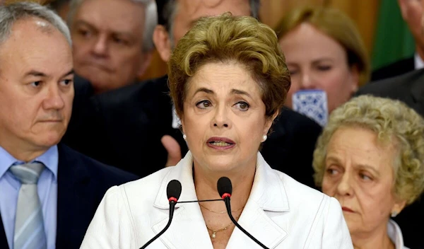 Brazil’s suspended President Dilma Rousseff makes a statement at the Planalto Palace in Brasilia on May 12, 2016 (AFP)