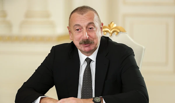 Azerbaijani President Ilham Aliyev during a meeting in Baku, Azerbaijan, on May 10, 2021 (AP)