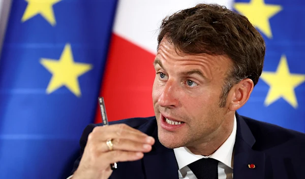 French President Emmanuel Macron delivers his closing speech at the conference on European air and missile defense at the Invalides monument in Paris, Monday June 19, 2023. (AP)