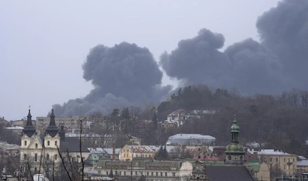 Smoke rises in the air in Lviv, western Ukraine, Saturday, March 26, 2022. (AP)