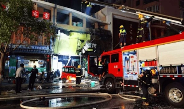 Firefighters deployed after a gas explosion at a barbecue restaurant in Yinchuan city, Ningxia, China, June 21, 2023 in this screengrab obtained from a handout video. (Twitter/ @BNONews)