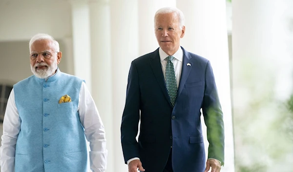 US President Joe Biden and Indian Prime Minister Narendra Modi walk outside the White House during the latter's official states visit to Washington D.C., US, June 22 2023. (AFP)