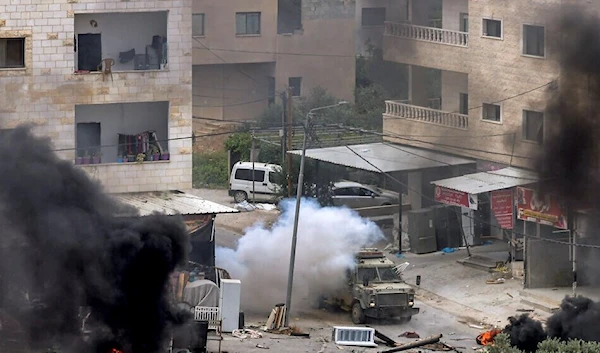 An armored vehicle during an Israeli occupation forces raid in Jenin in the occupied West Bank on June 19, 2023. (AFP)